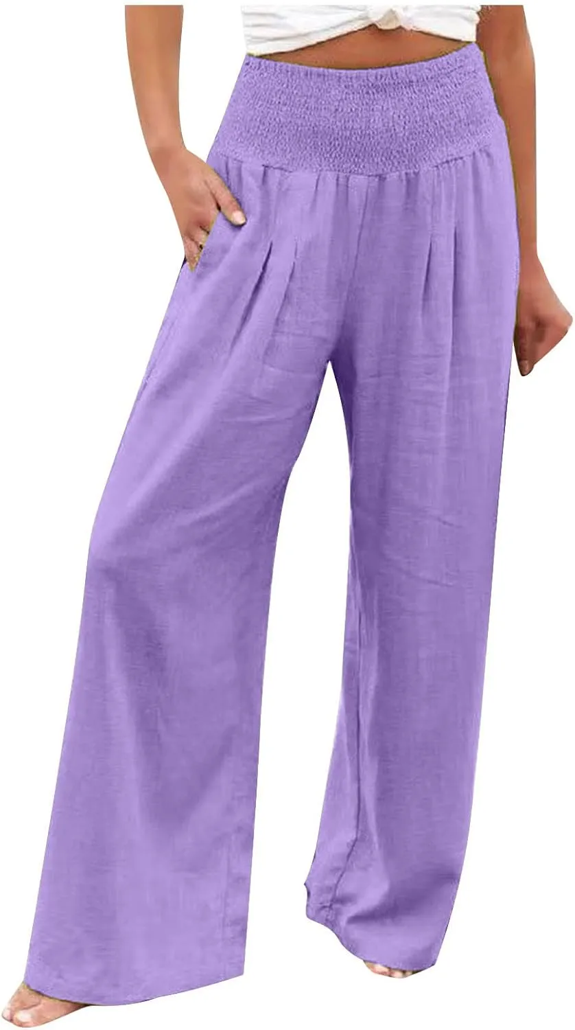 Womens Linen Pants Palazzo Summer Casual Wide Leg Trousers Elastic High Waist Loose Fit Beach Palazzo with Pockets