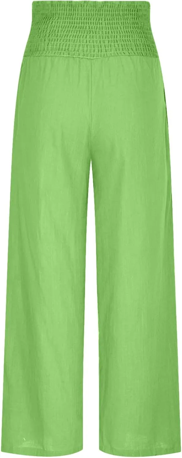 Womens Linen Pants Palazzo Summer Casual Wide Leg Trousers Elastic High Waist Loose Fit Beach Palazzo with Pockets