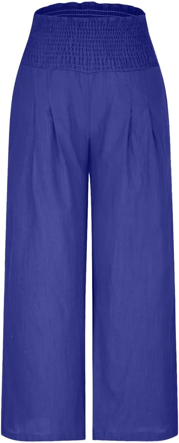 Womens Linen Pants Palazzo Summer Casual Wide Leg Trousers Elastic High Waist Loose Fit Beach Palazzo with Pockets