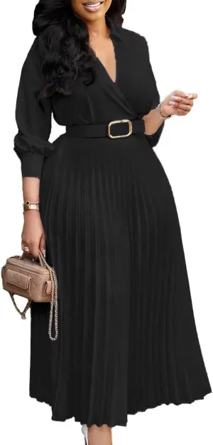 Women's Plus Size Dress Lapel Pleated Skirt Formal Party Dress Business Dress