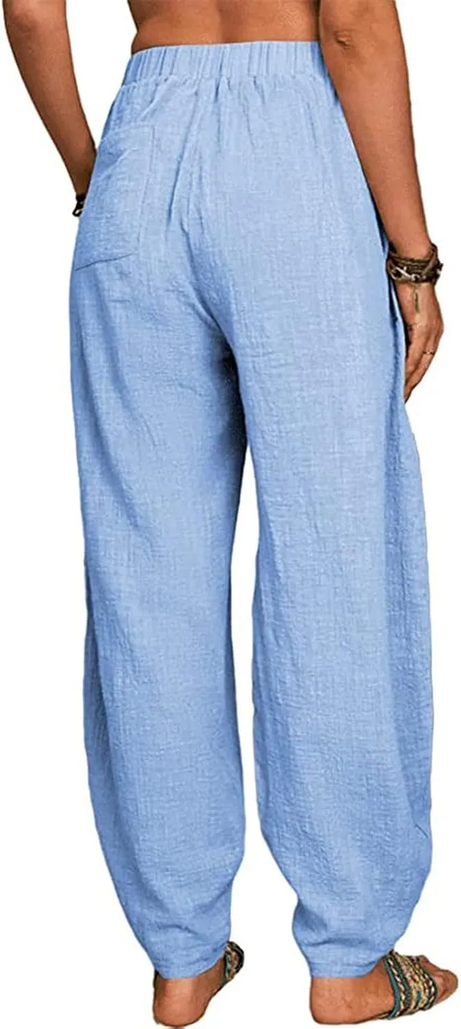 Womens Plus Size Linen Pants Casual High Waist Wide Leg Trousers Summer Trendy Loose Fit Harem Palazzo with Pocket