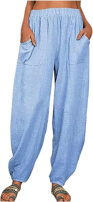 Womens Plus Size Linen Pants Casual High Waist Wide Leg Trousers Summer Trendy Loose Fit Harem Palazzo with Pocket
