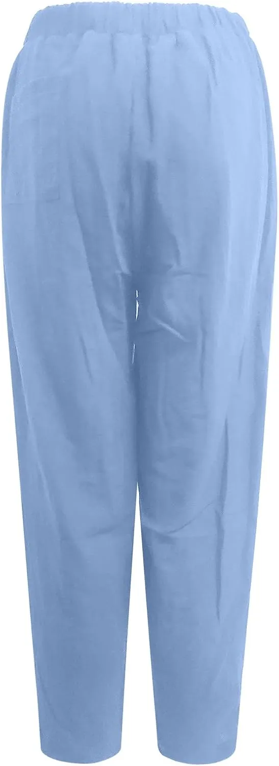 Womens Plus Size Linen Pants Casual High Waist Wide Leg Trousers Summer Trendy Loose Fit Harem Palazzo with Pocket