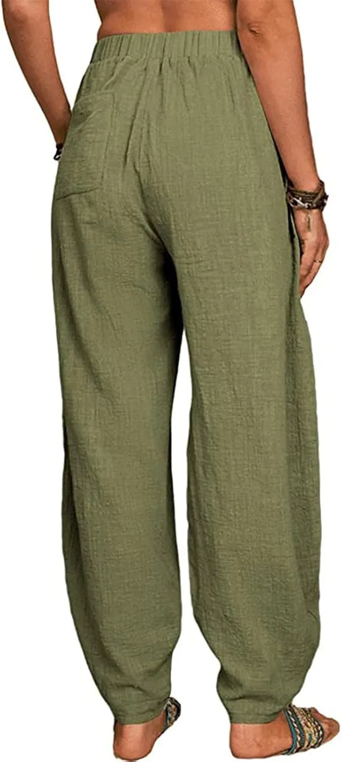 Womens Plus Size Linen Pants Casual High Waist Wide Leg Trousers Summer Trendy Loose Fit Harem Palazzo with Pocket