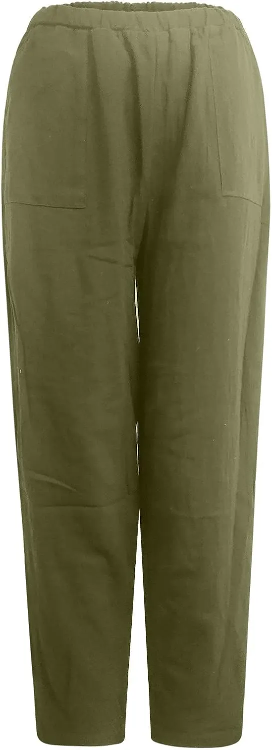 Womens Plus Size Linen Pants Casual High Waist Wide Leg Trousers Summer Trendy Loose Fit Harem Palazzo with Pocket