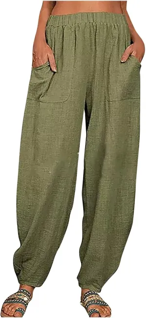 Womens Plus Size Linen Pants Casual High Waist Wide Leg Trousers Summer Trendy Loose Fit Harem Palazzo with Pocket