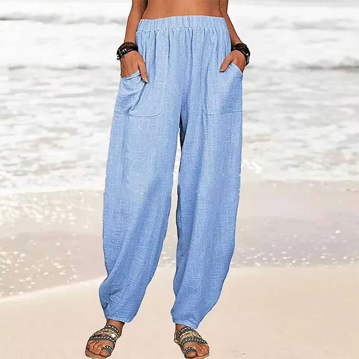 Womens Plus Size Linen Pants Casual High Waist Wide Leg Trousers Summer Trendy Loose Fit Harem Palazzo with Pocket