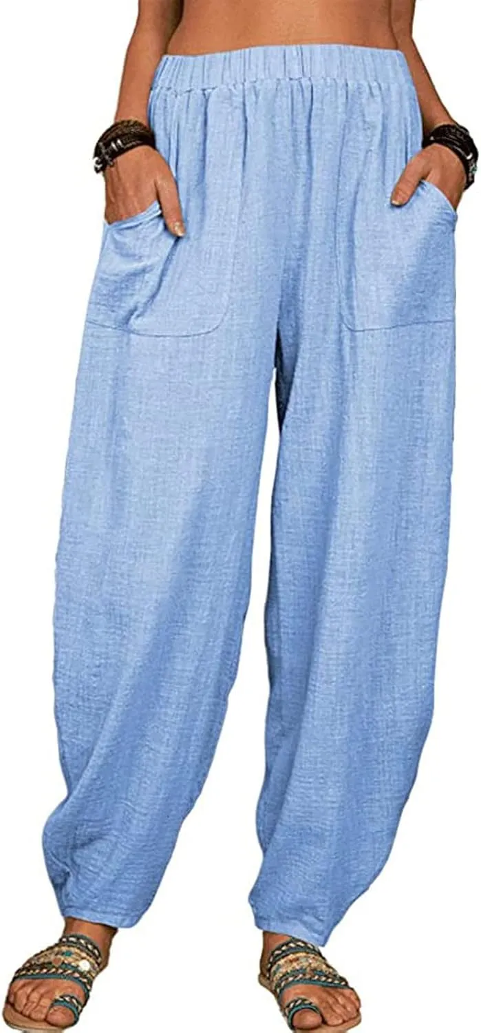 Womens Plus Size Linen Pants Casual High Waist Wide Leg Trousers Summer Trendy Loose Fit Harem Palazzo with Pocket