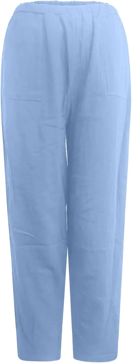 Womens Plus Size Linen Pants Casual High Waist Wide Leg Trousers Summer Trendy Loose Fit Harem Palazzo with Pocket