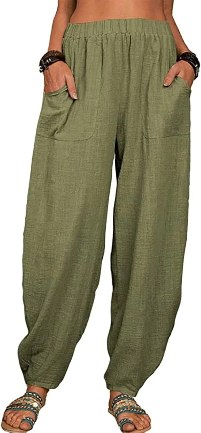 Womens Plus Size Linen Pants Casual High Waist Wide Leg Trousers Summer Trendy Loose Fit Harem Palazzo with Pocket