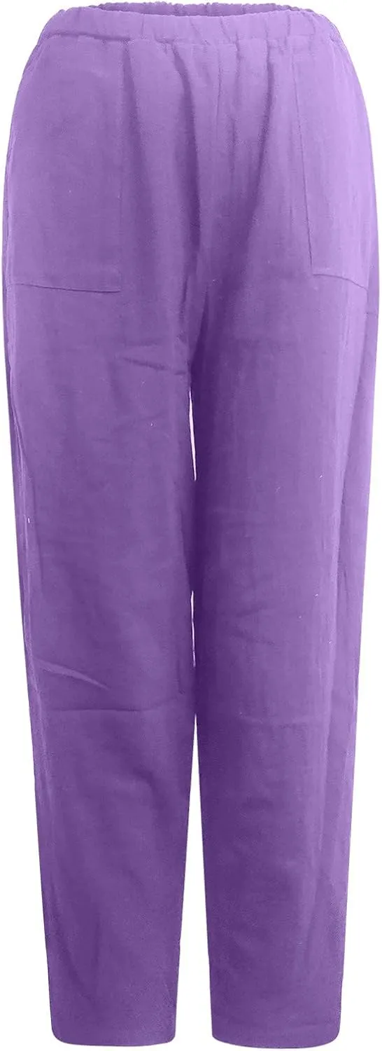 Womens Plus Size Linen Pants Casual High Waist Wide Leg Trousers Summer Trendy Loose Fit Harem Palazzo with Pocket
