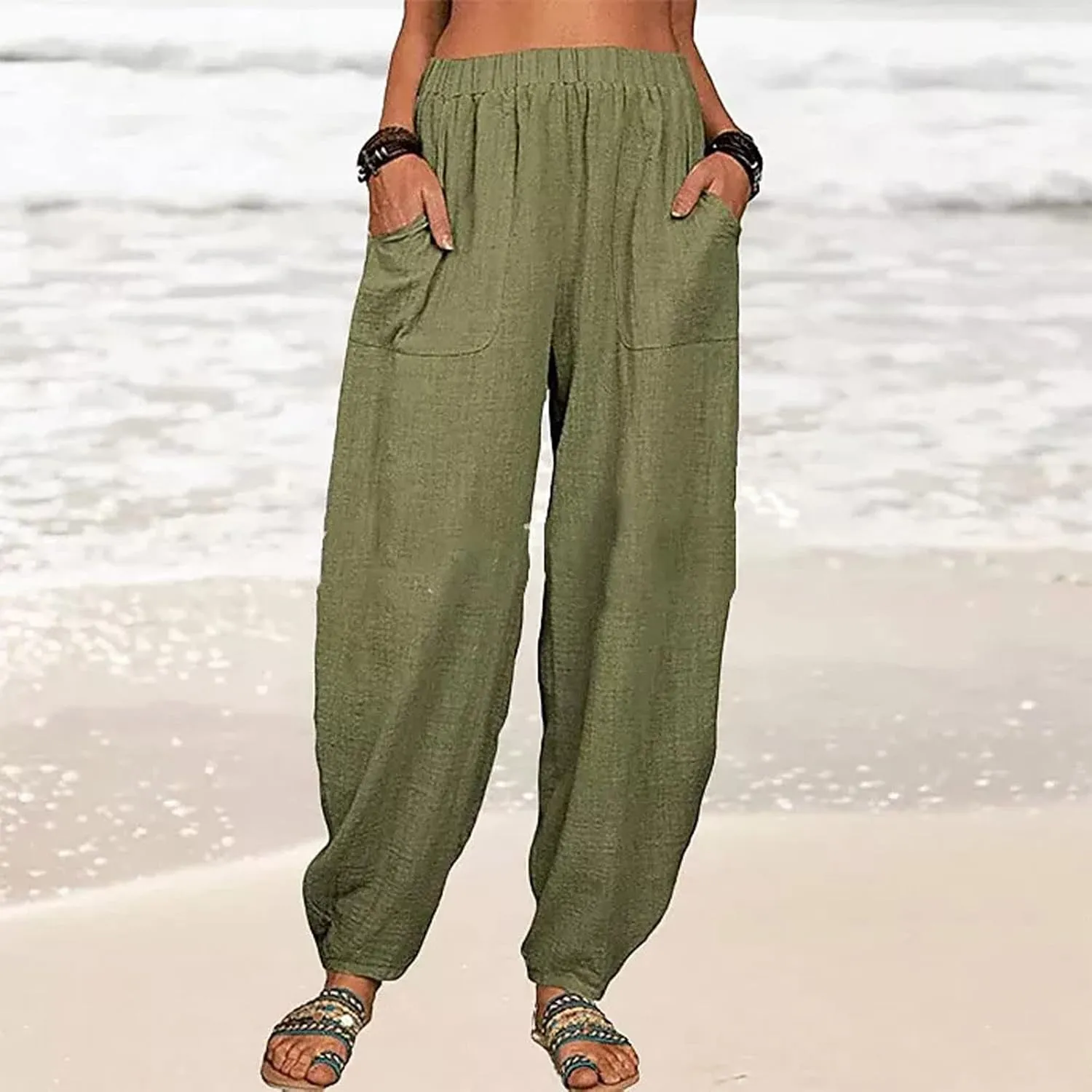 Womens Plus Size Linen Pants Casual High Waist Wide Leg Trousers Summer Trendy Loose Fit Harem Palazzo with Pocket
