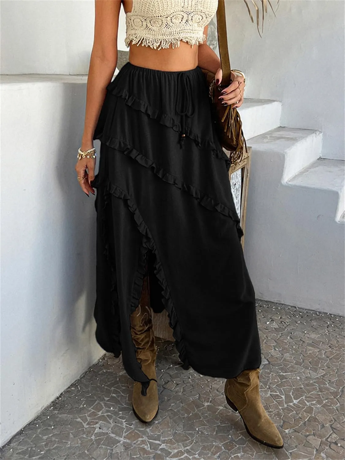 Women's Skirt, Summer Boho Vacation Solid Color Lace Front Self Tie Knots Ruffle Hem Split Midi Skirt