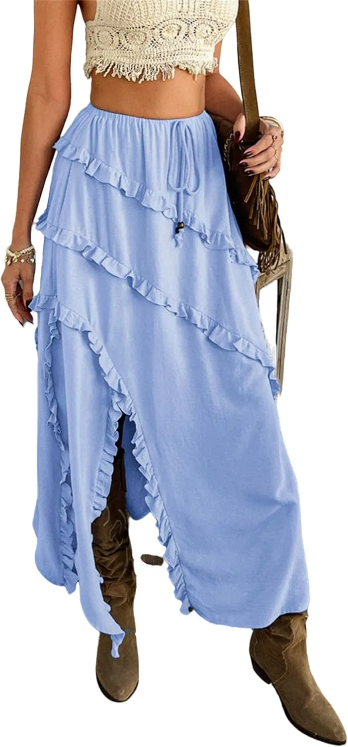 Women's Skirt, Summer Boho Vacation Solid Color Lace Front Self Tie Knots Ruffle Hem Split Midi Skirt