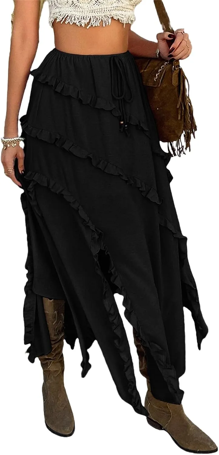 Women's Skirt, Summer Boho Vacation Solid Color Lace Front Self Tie Knots Ruffle Hem Split Midi Skirt