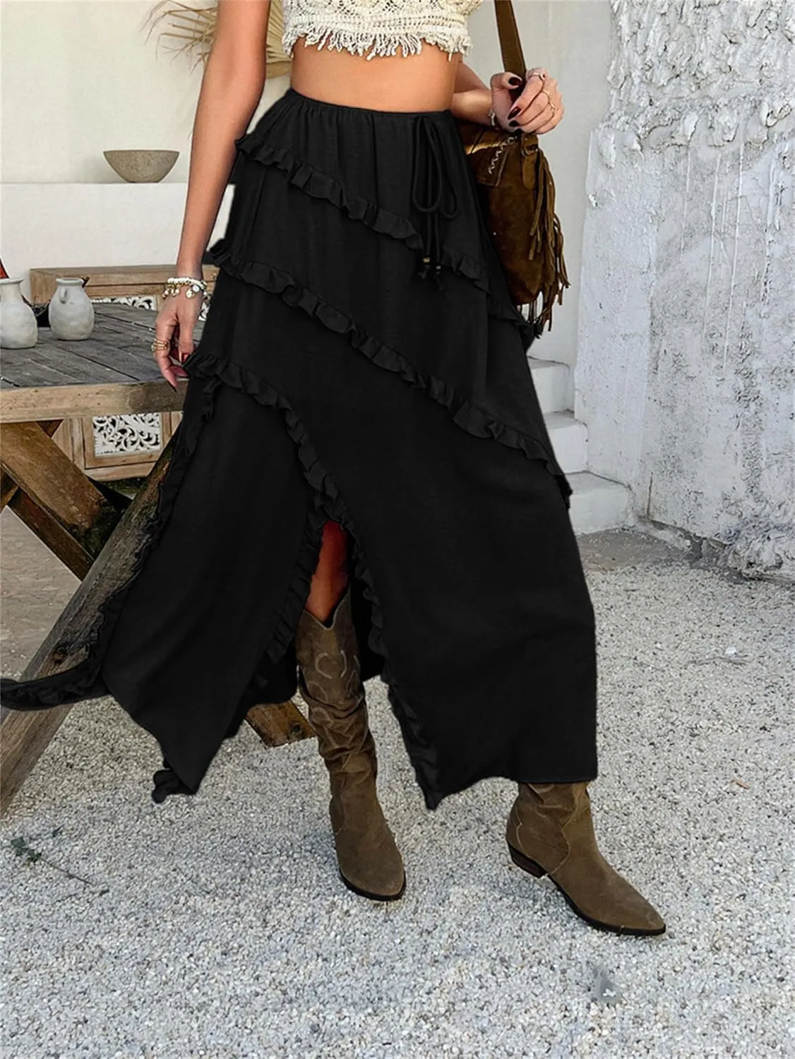 Women's Skirt, Summer Boho Vacation Solid Color Lace Front Self Tie Knots Ruffle Hem Split Midi Skirt