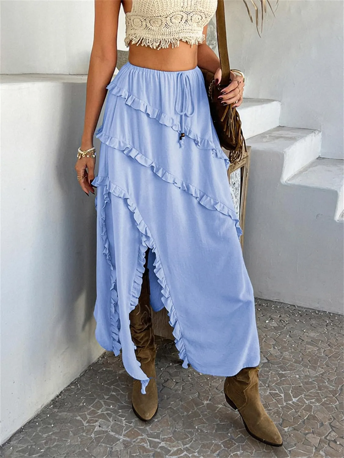 Women's Skirt, Summer Boho Vacation Solid Color Lace Front Self Tie Knots Ruffle Hem Split Midi Skirt