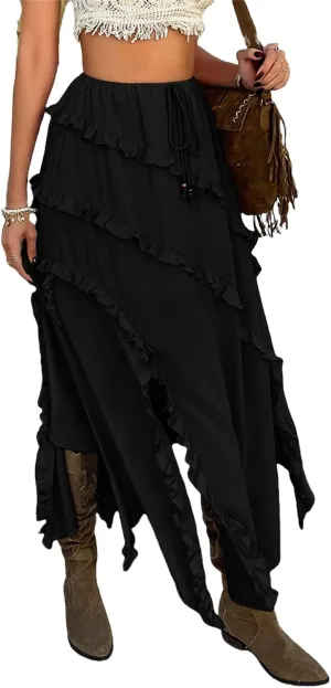 Women's Skirt, Summer Boho Vacation Solid Color Lace Front Self Tie Knots Ruffle Hem Split Midi Skirt