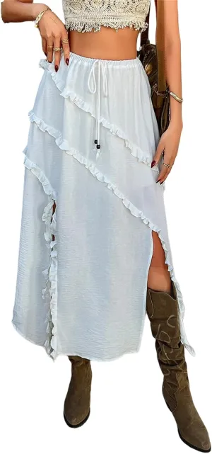 Women's Skirt, Summer Boho Vacation Solid Color Lace Front Self Tie Knots Ruffle Hem Split Midi Skirt