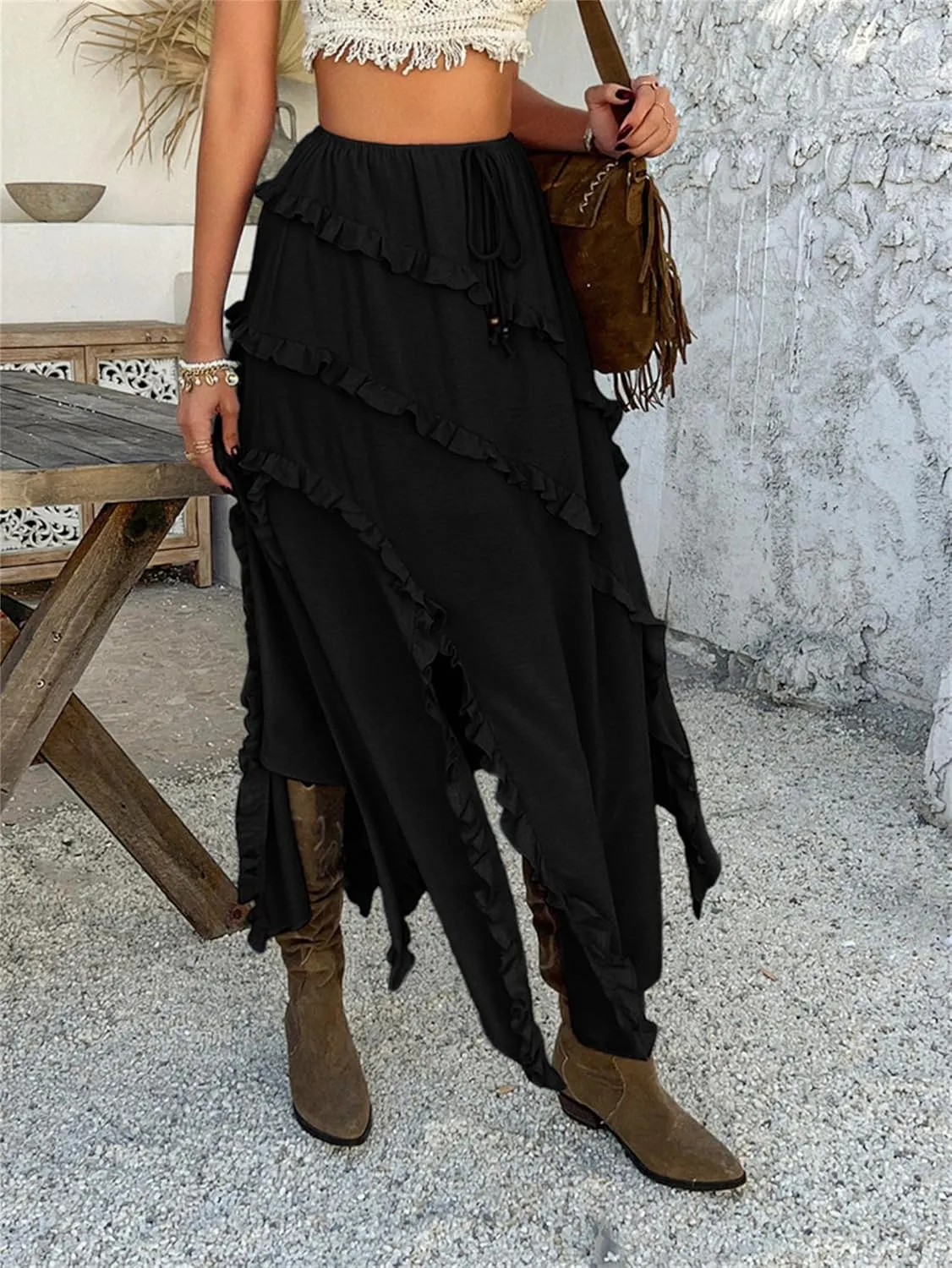 Women's Skirt, Summer Boho Vacation Solid Color Lace Front Self Tie Knots Ruffle Hem Split Midi Skirt