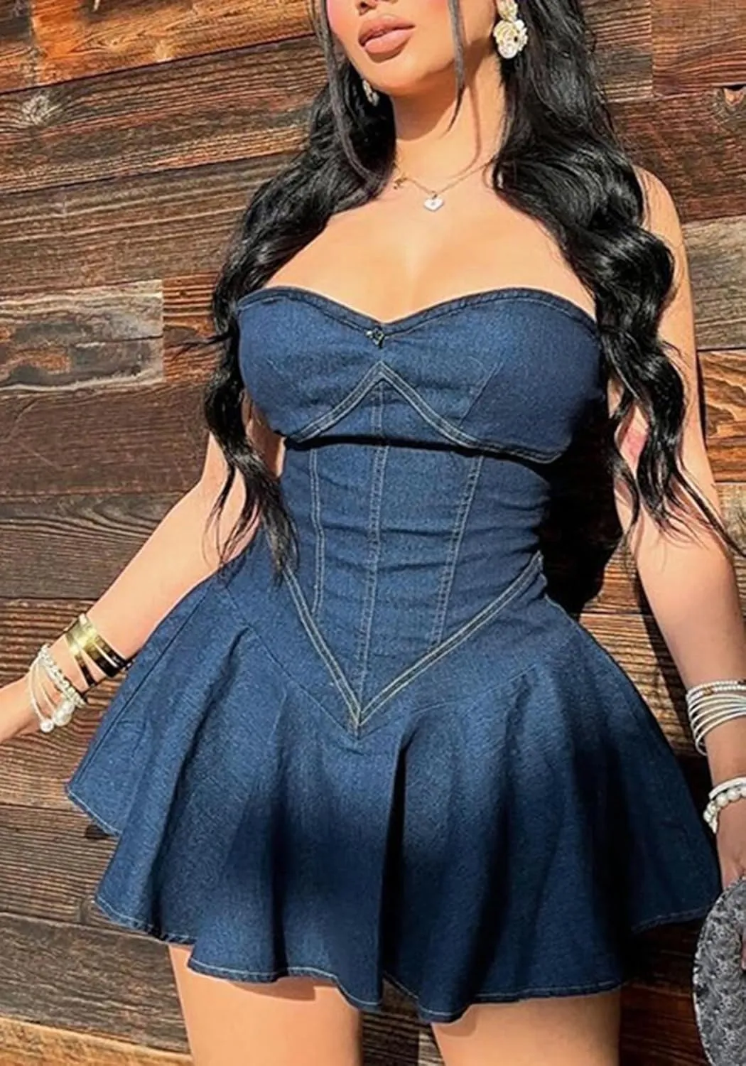 Women's Strapless Denim Dress Sexy Off Shoulder Corset Tube Pleated A Line Summer Mini Jean Dresses Clubwear