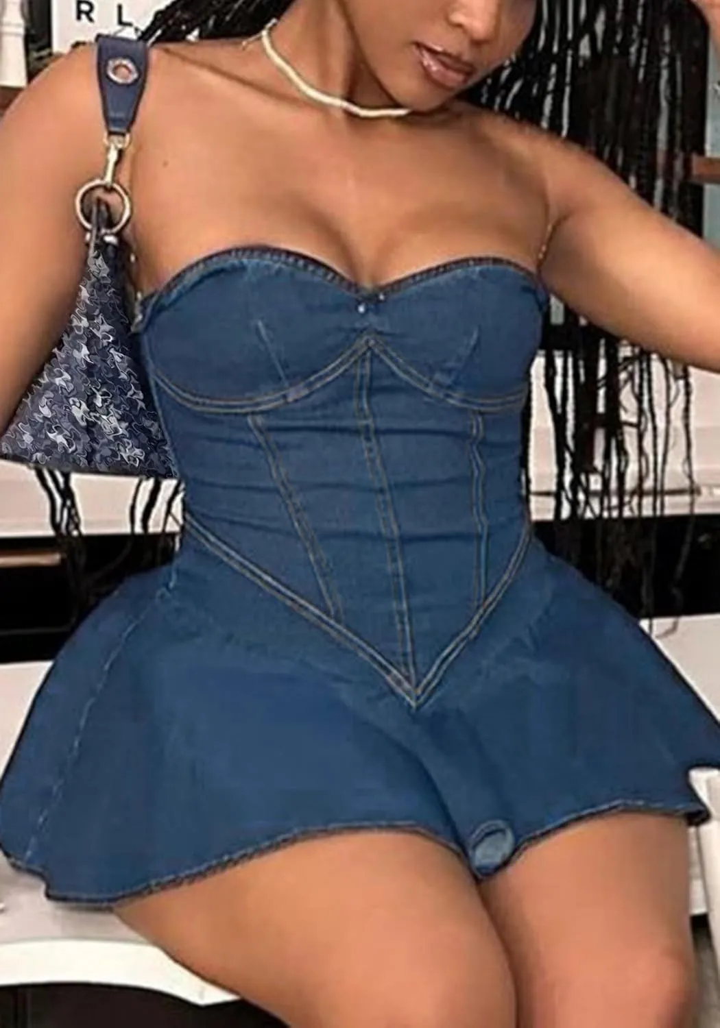 Women's Strapless Denim Dress Sexy Off Shoulder Corset Tube Pleated A Line Summer Mini Jean Dresses Clubwear