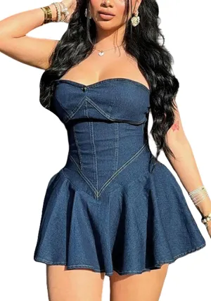 Women's Strapless Denim Dress Sexy Off Shoulder Corset Tube Pleated A Line Summer Mini Jean Dresses Clubwear
