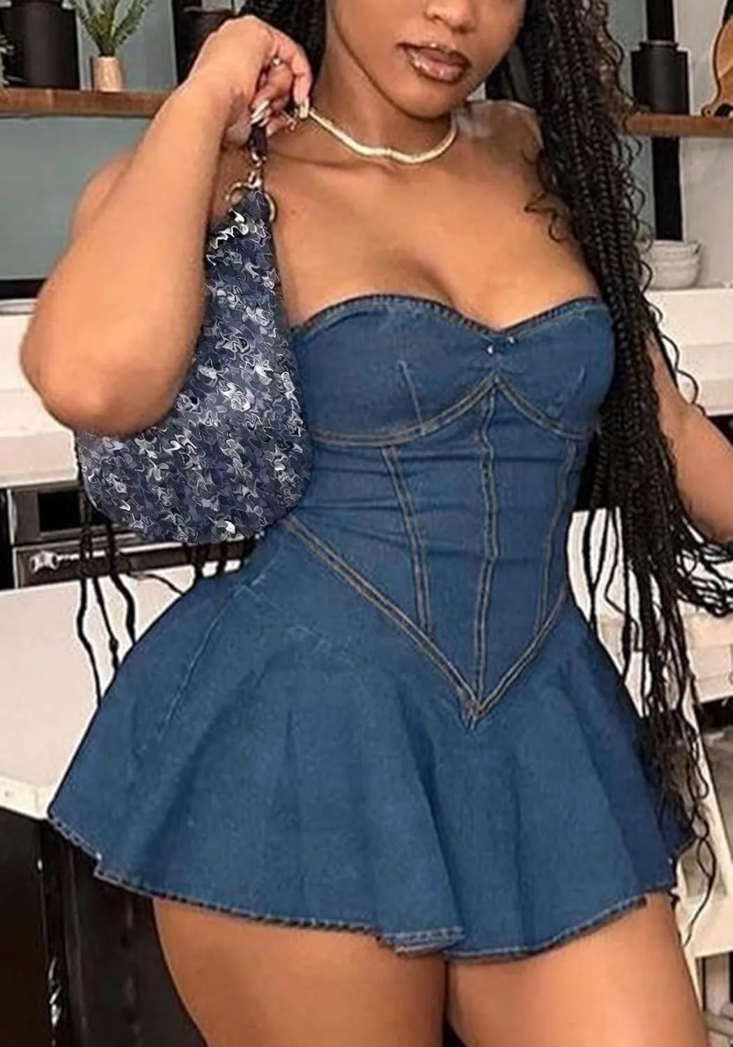 Women's Strapless Denim Dress Sexy Off Shoulder Corset Tube Pleated A Line Summer Mini Jean Dresses Clubwear