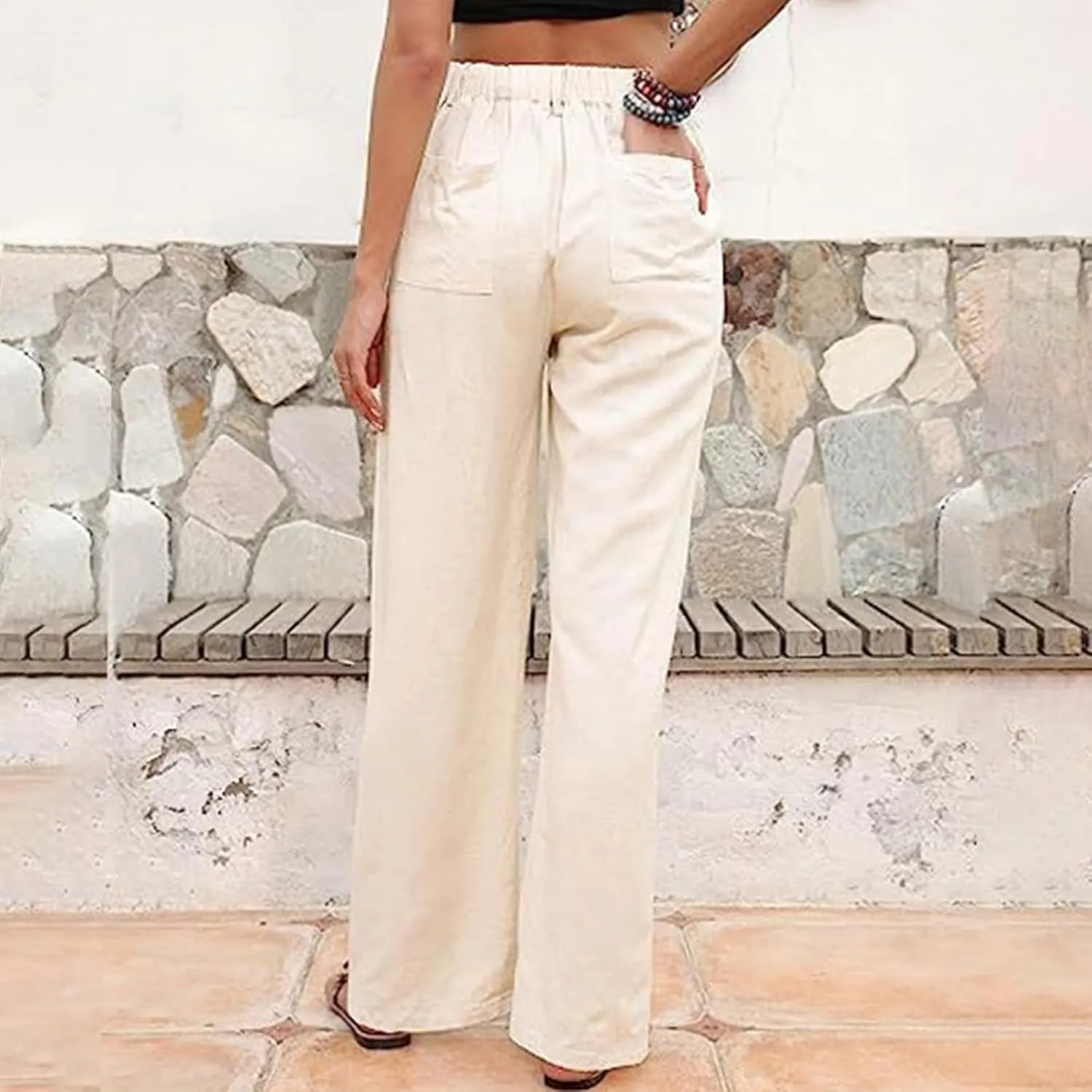 Womens Summer Pants Trendy Cotton Linen Dressy Pants Casual Straight Leg Beach Trousers Lounge Palazzo with Pocket
