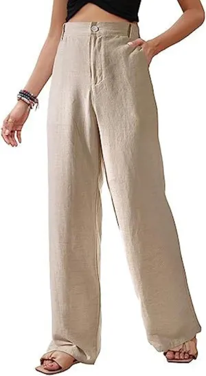 Womens Summer Pants Trendy Cotton Linen Dressy Pants Casual Straight Leg Beach Trousers Lounge Palazzo with Pocket