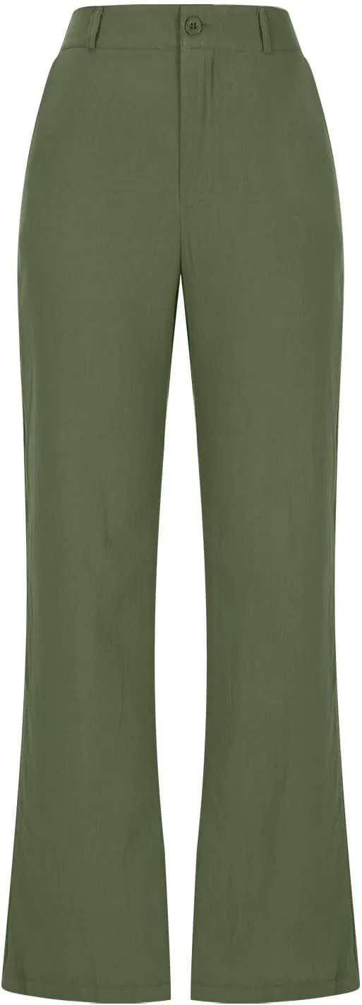 Womens Summer Pants Trendy Cotton Linen Dressy Pants Casual Straight Leg Beach Trousers Lounge Palazzo with Pocket