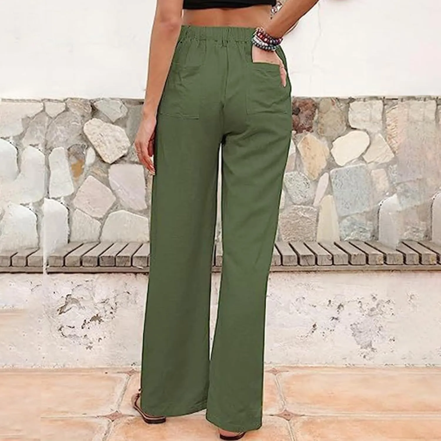 Womens Summer Pants Trendy Cotton Linen Dressy Pants Casual Straight Leg Beach Trousers Lounge Palazzo with Pocket