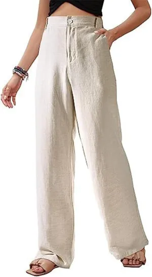 Womens Summer Pants Trendy Cotton Linen Dressy Pants Casual Straight Leg Beach Trousers Lounge Palazzo with Pocket