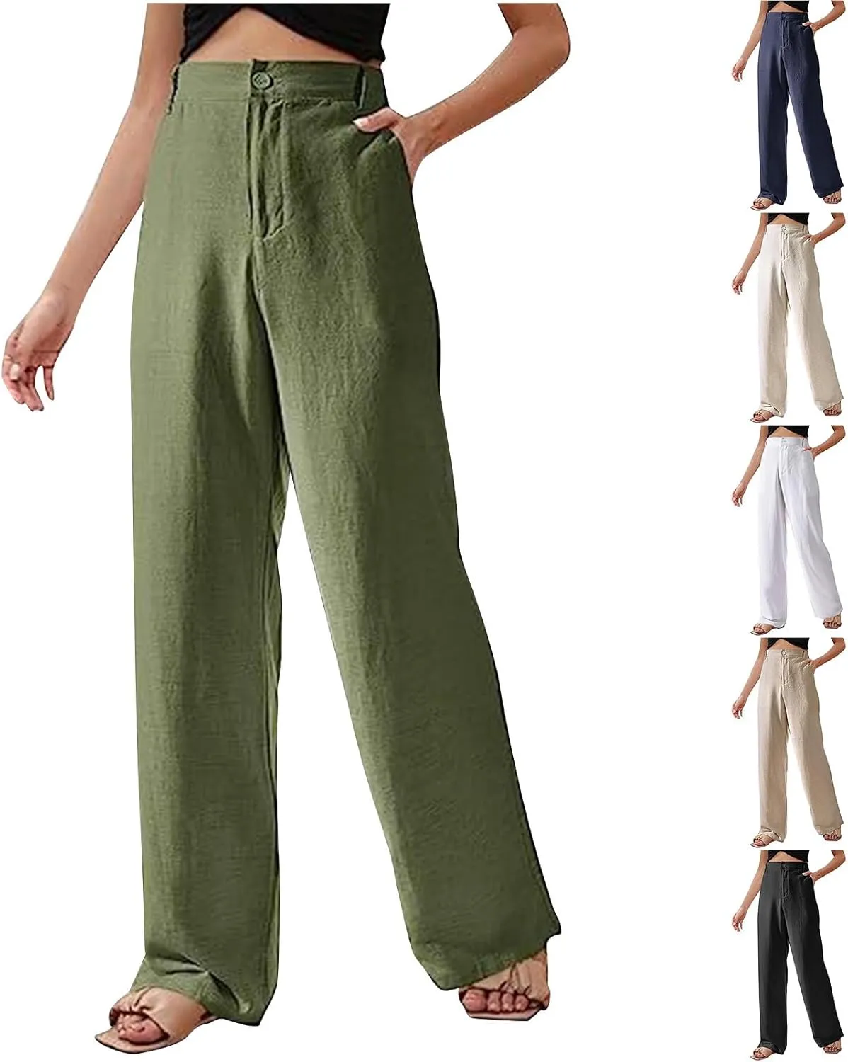 Womens Summer Pants Trendy Cotton Linen Dressy Pants Casual Straight Leg Beach Trousers Lounge Palazzo with Pocket