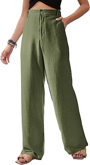 Womens Summer Pants Trendy Cotton Linen Dressy Pants Casual Straight Leg Beach Trousers Lounge Palazzo with Pocket