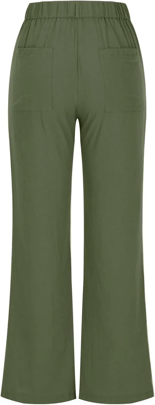 Womens Summer Pants Trendy Cotton Linen Dressy Pants Casual Straight Leg Beach Trousers Lounge Palazzo with Pocket