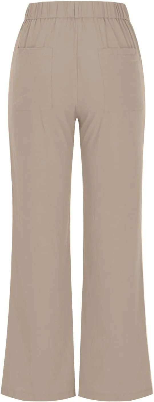 Womens Summer Pants Trendy Cotton Linen Dressy Pants Casual Straight Leg Beach Trousers Lounge Palazzo with Pocket