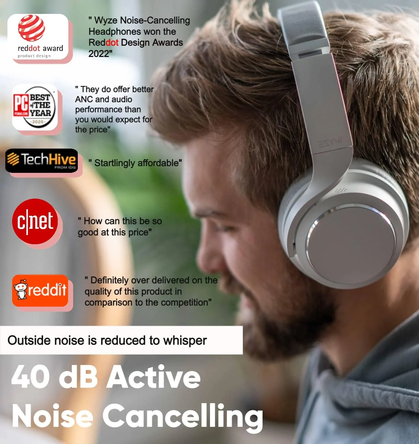 WYZE Noise Cancelling Headphones and Hard Case for Travel, Wireless Over The Ear Bluetooth Headphones with Active Noise Cancellation, Transparency Mode, Clear Voice Pick-up, Alexa Built-in, White