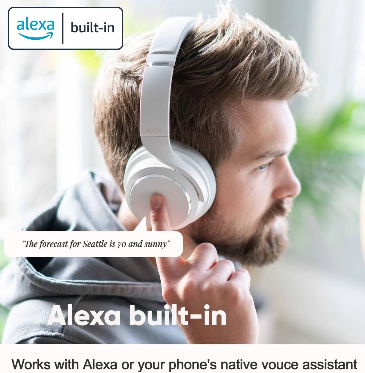 WYZE Noise Cancelling Headphones and Hard Case for Travel, Wireless Over The Ear Bluetooth Headphones with Active Noise Cancellation, Transparency Mode, Clear Voice Pick-up, Alexa Built-in, White